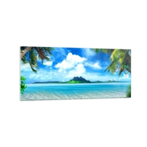 Impression sur verre - Image sur verre - Plage tropicale avec palmiers et vue sur l'île - 120x50cm - L'azur des tropiques - Décoration murale moderne pour le salon et la chambre ARTTOR