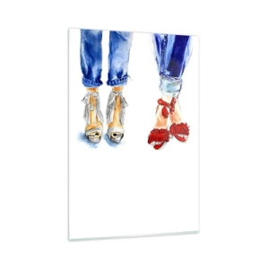 Impression sur verre - Image sur verre - Illustration de deux paires de chaussures dans des sandales élégantes et un jean - 80x120cm - Peut-être irons-nous nous promener? - Décoration murale moderne pour le salon et la chambre ARTTOR