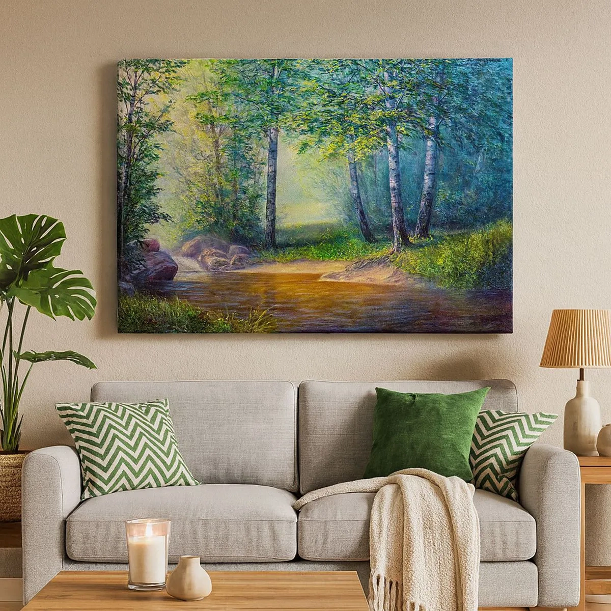 Impression sur toile - Image sur toile - Un ruisseau forestier entouré de bouleaux et de soleil - 70x50cm - Paysage idyllique - Décoration murale moderne pour le salon et la chambre ARTTOR