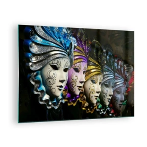 Impression sur verre - Image sur verre - Masques vénitiens colorés en rangée - 70x50cm - Mystère en or et argent - Décoration murale moderne pour le salon et la chambre ARTTOR