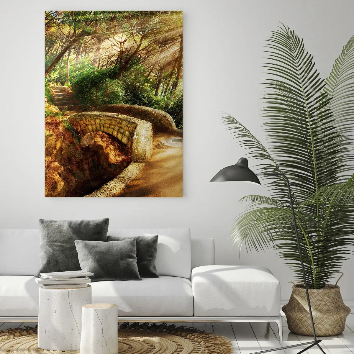 Impression sur verre - Image sur verre - Paysage forestier avec des rayons de soleil et un pont de pierre - 80x120cm - Directement du pont dans une forêt de conte de fées - Décoration murale moderne pour le salon et la chambre ARTTOR