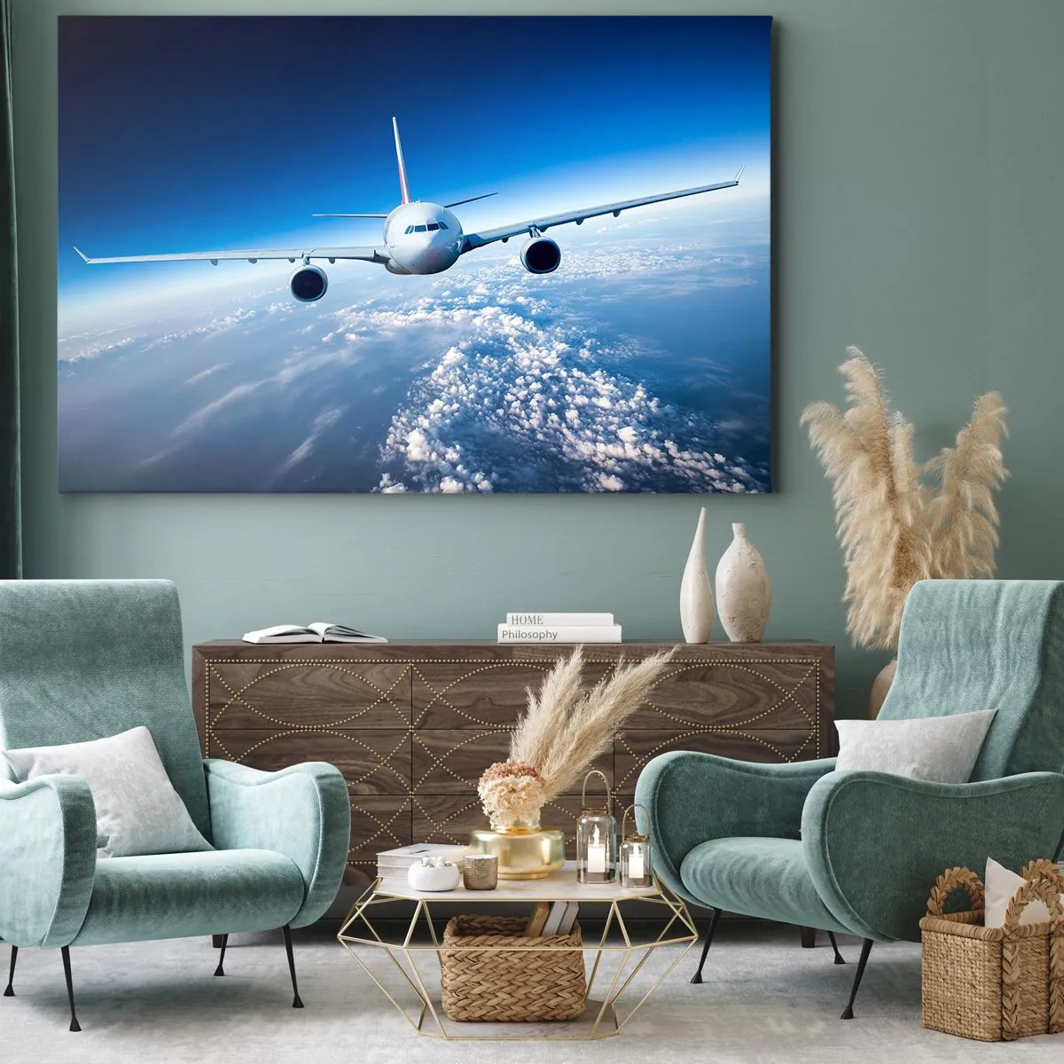 Impression sur toile - Image sur toile - Un avion volant au-dessus des nuages contre un ciel bleu - 120x80cm - Je vole parce que je le veux - Décoration murale moderne pour le salon et la chambre ARTTOR