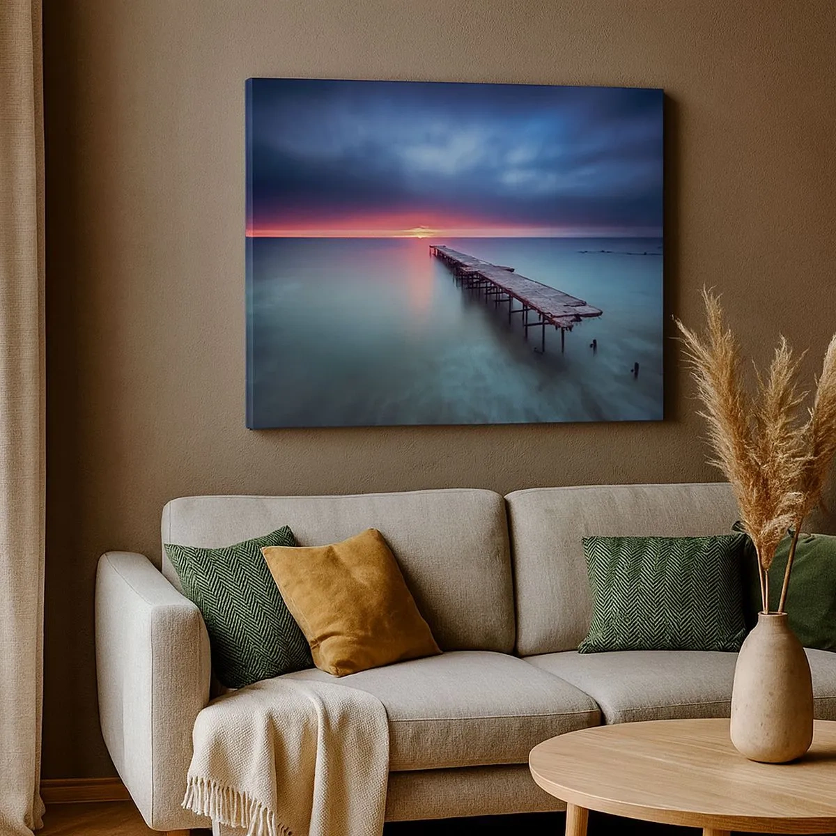 Impression sur toile - Image sur toile - Une jetée en bois menant directement à la mer au coucher du soleil - 70x50cm - Entre le ciel et la terre - Décoration murale moderne pour le salon et la chambre ARTTOR