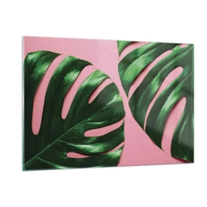 Impression sur verre - Image sur verre - Feuilles de monstera vertes sur fond rose - 120x80cm - Rendez-vous vert - Décoration murale moderne pour le salon et la chambre ARTTOR