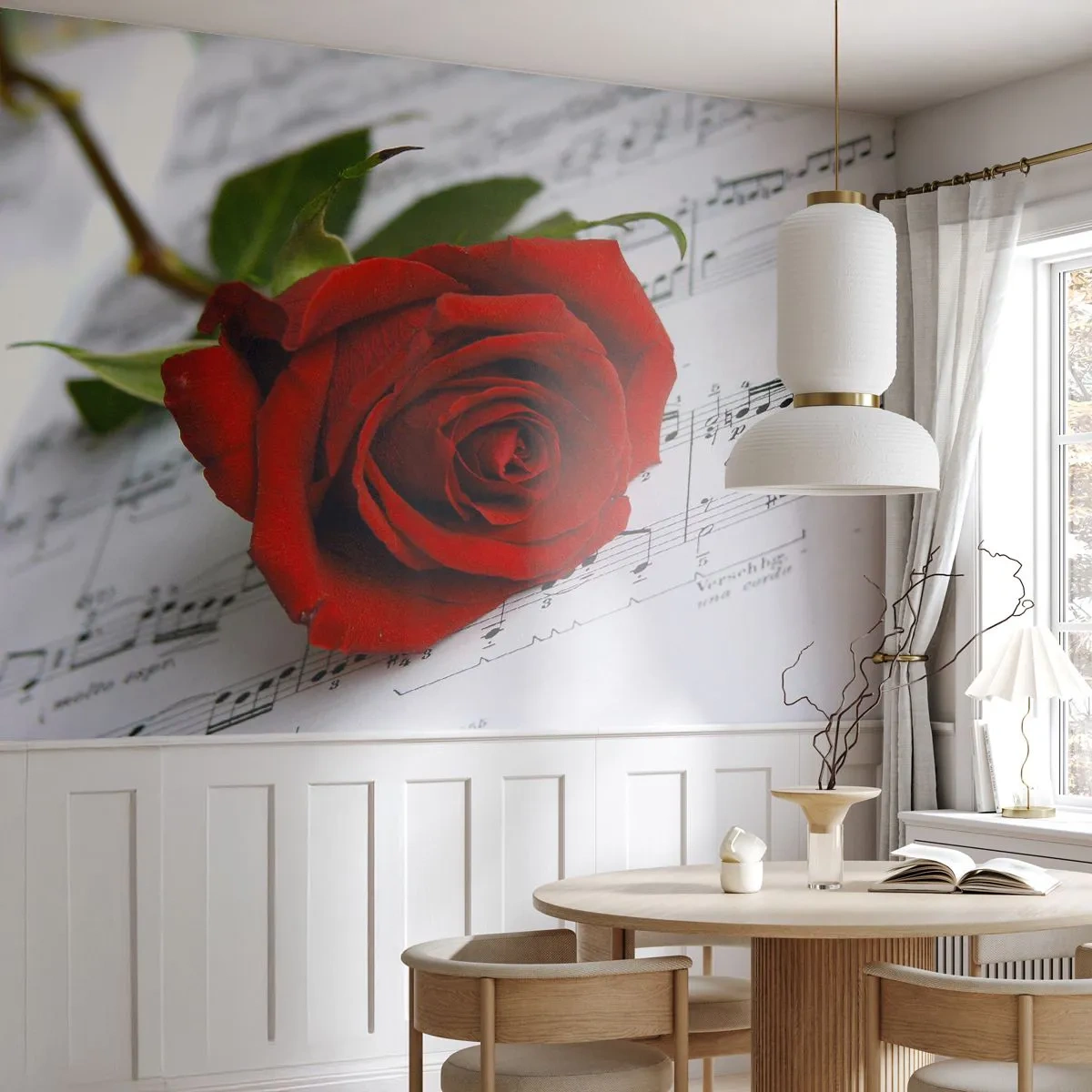 Papier Peint Photo Premium Canvas - Musique des sentiments en écarlate - Fleurs, Rose, Musique - 250x175 cm