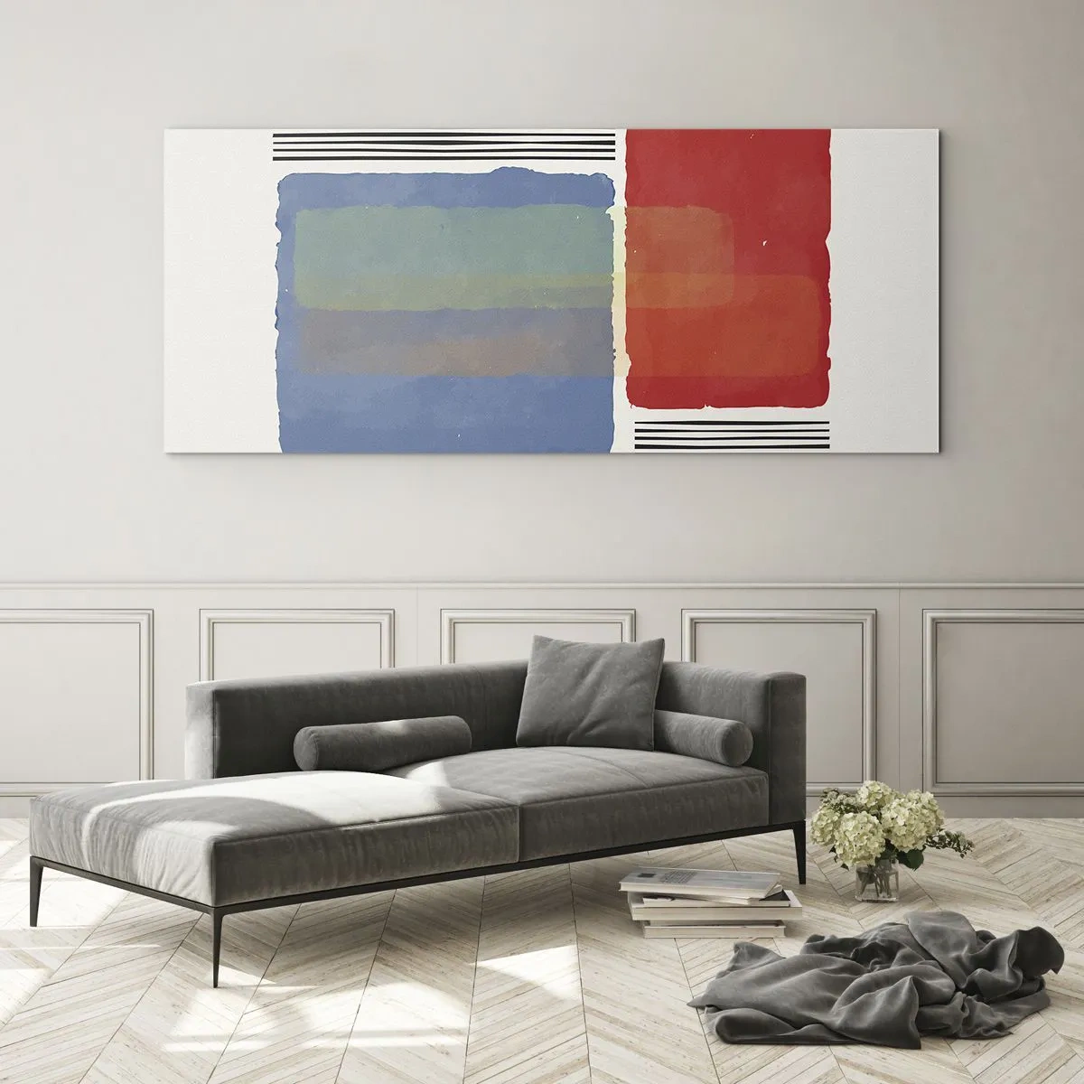 Impression sur verre - Image sur verre - Composition géométrique avec des blocs et des lignes colorés - 120x50cm - Esprit et lettre de la géométrie - Décoration murale moderne pour le salon et la chambre ARTTOR