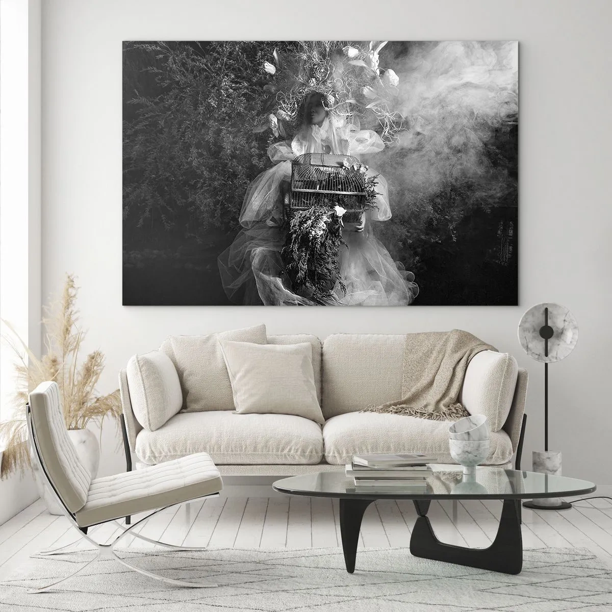 Impression sur verre - Image sur verre - Femme en robe cage en tulle et couronne de plantes en noir et blanc - 70x50cm - Tout simplement Mère Nature - Décoration murale moderne pour le salon et la chambre ARTTOR