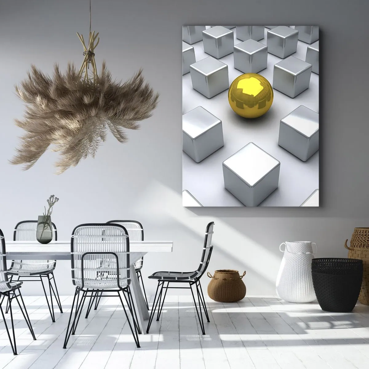 Impression sur toile - Image sur toile - Une sphère dorée se détachant parmi les cubes d'argent - 70x100cm - Pourquoi moi? Composition géométrique - Décoration murale moderne pour le salon et la chambre ARTTOR