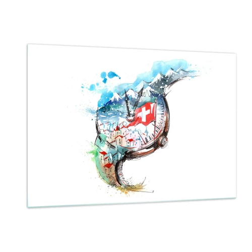 Impression sur verre - Image sur verre - Aquarelle représentant un paysage suisse avec un drapeau et une montre - 120x80cm - L'esprit de la Suisse - Décoration murale moderne pour le salon et la chambre ARTTOR