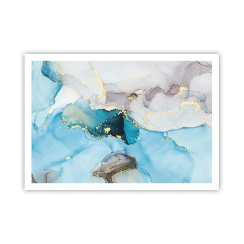 Affiche - Poster - Abstraction dans les tons de bleu et d'or avec des lignes subtiles - 100x70cm - Etude de la rencontre gris et turquoise - Décoration murale moderne pour le salon et la chambre ARTTOR