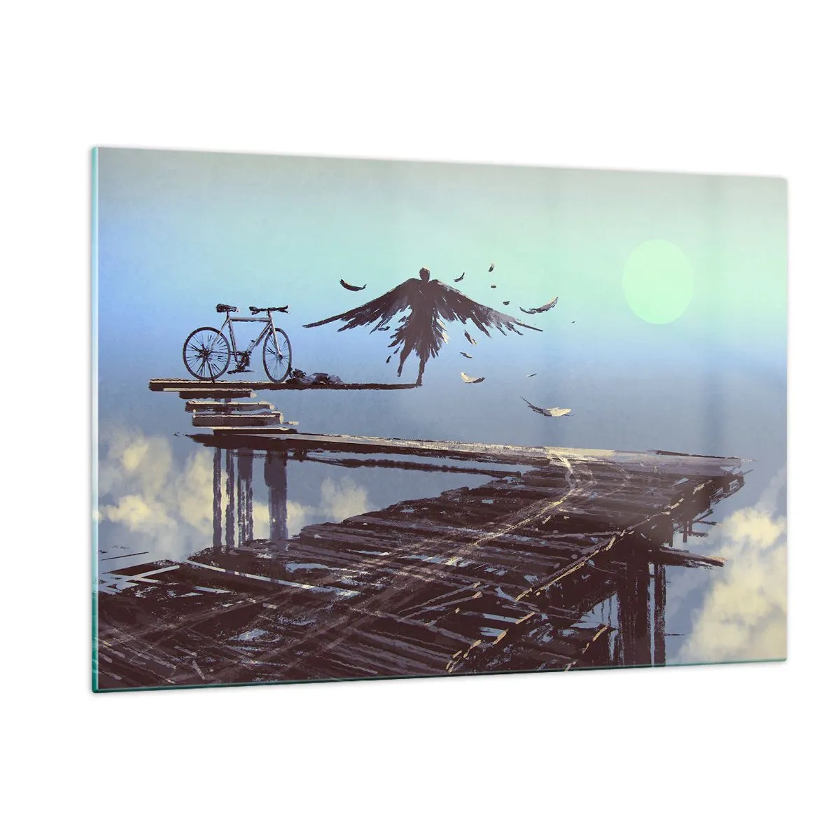 Impression sur verre - Image sur verre - Une silhouette avec un vélo sur un pont en bois au-dessus des nuages - 120x80cm - Icare est toujours vivant - Décoration murale moderne pour le salon et la chambre ARTTOR