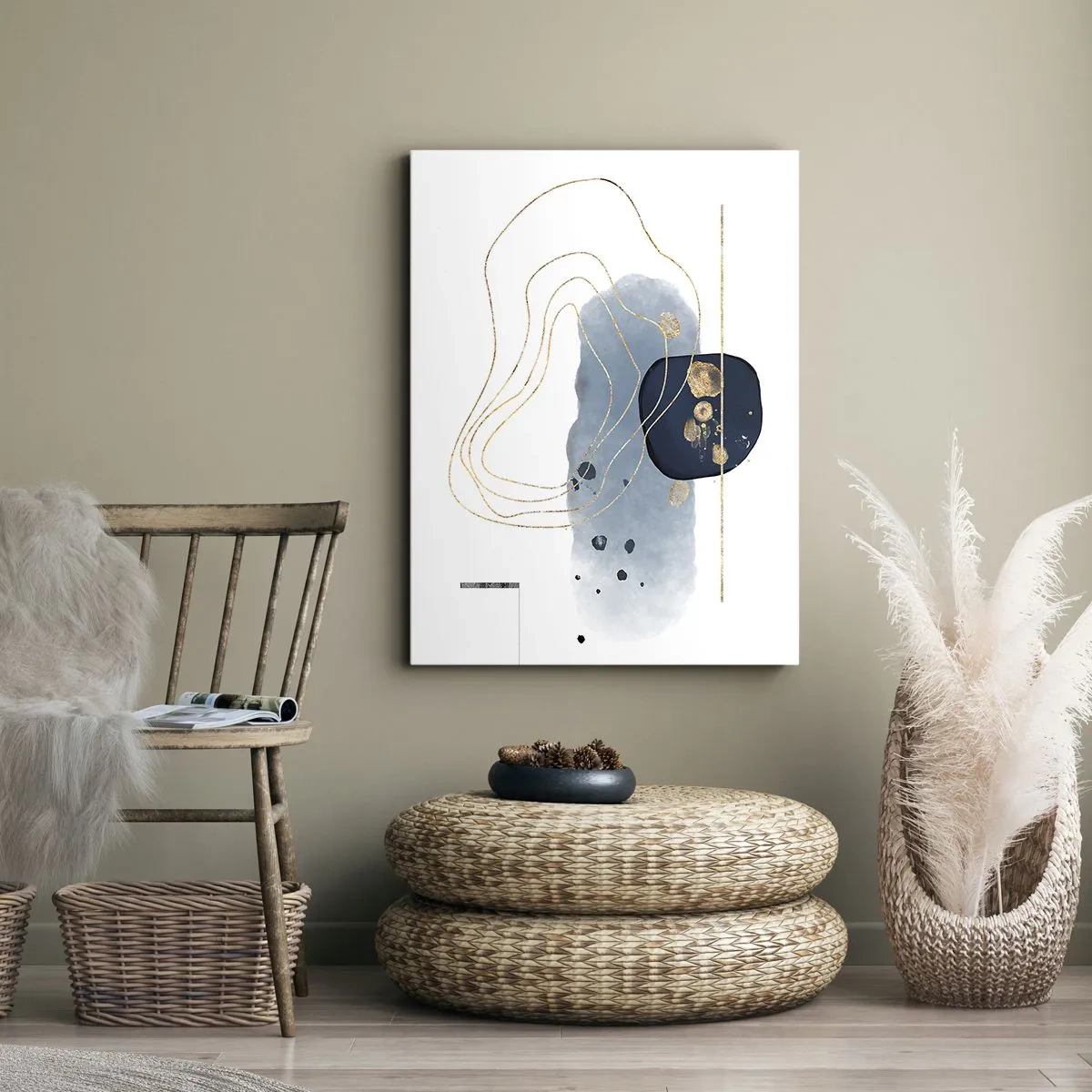 Impression sur toile - Image sur toile - Abstraction dans les tons de bleu et d'or - 70x100cm - Fantaisie bleu et or - Décoration murale moderne pour le salon et la chambre ARTTOR