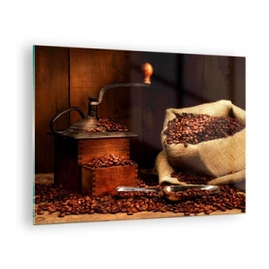 Impression sur verre - Image sur verre - Un vieux moulin à café avec des grains et un sac de café - 70x50cm - Nature morte avec grains de café et moulin - Décoration murale moderne pour le salon et la chambre ARTTOR