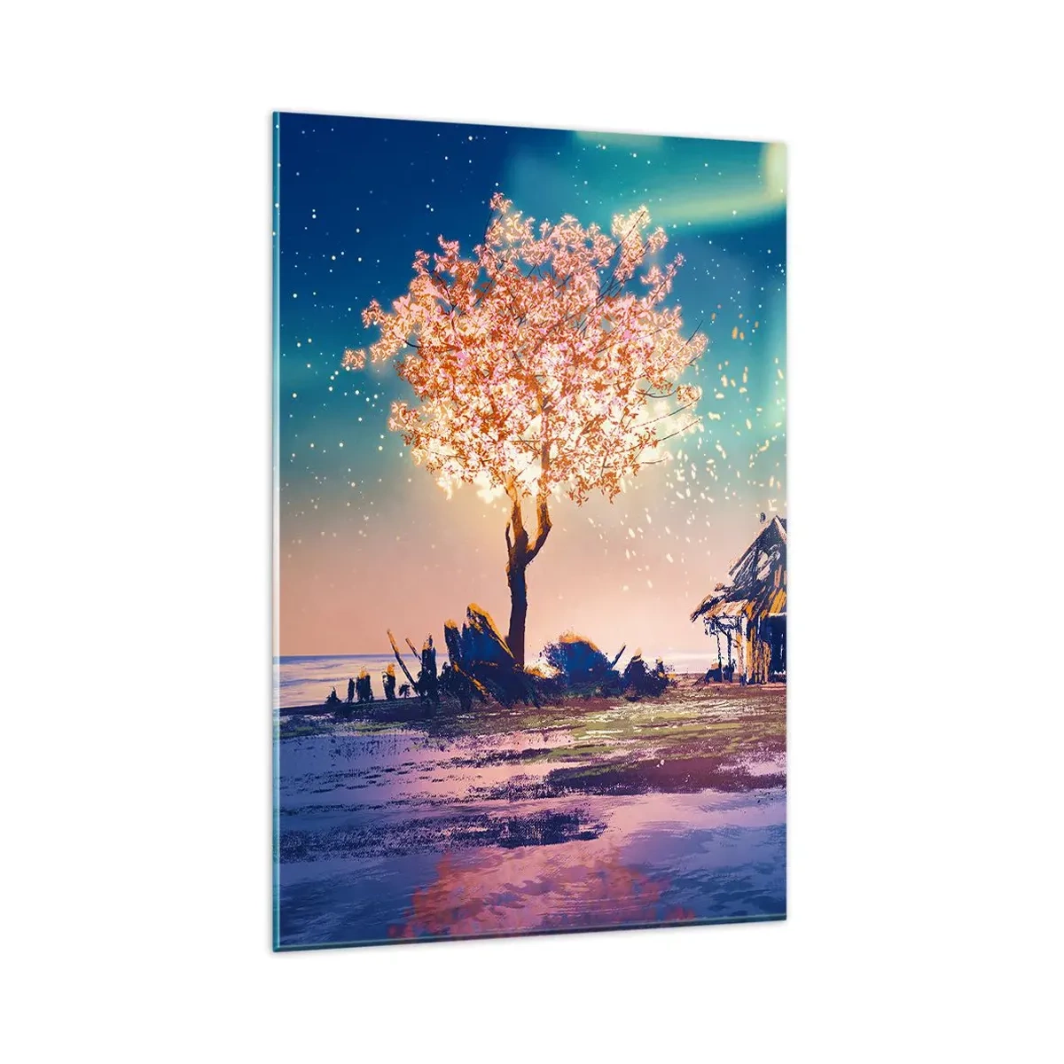 Impression sur verre - Image sur verre - Une maison et un arbre en fleurs sous le ciel nocturne - 80x120cm - La nature ne passe pas - Décoration murale moderne pour le salon et la chambre ARTTOR
