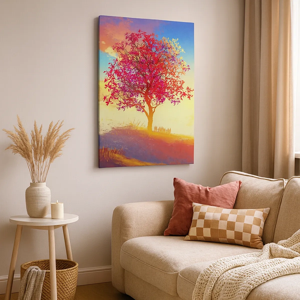 Impression sur toile - Image sur toile - Une silhouette sur une colline à côté d'un arbre coloré à la lumière du soleil couchant - 50x70cm - Pèlerin à destination - Décoration murale moderne pour le salon et la chambre ARTTOR