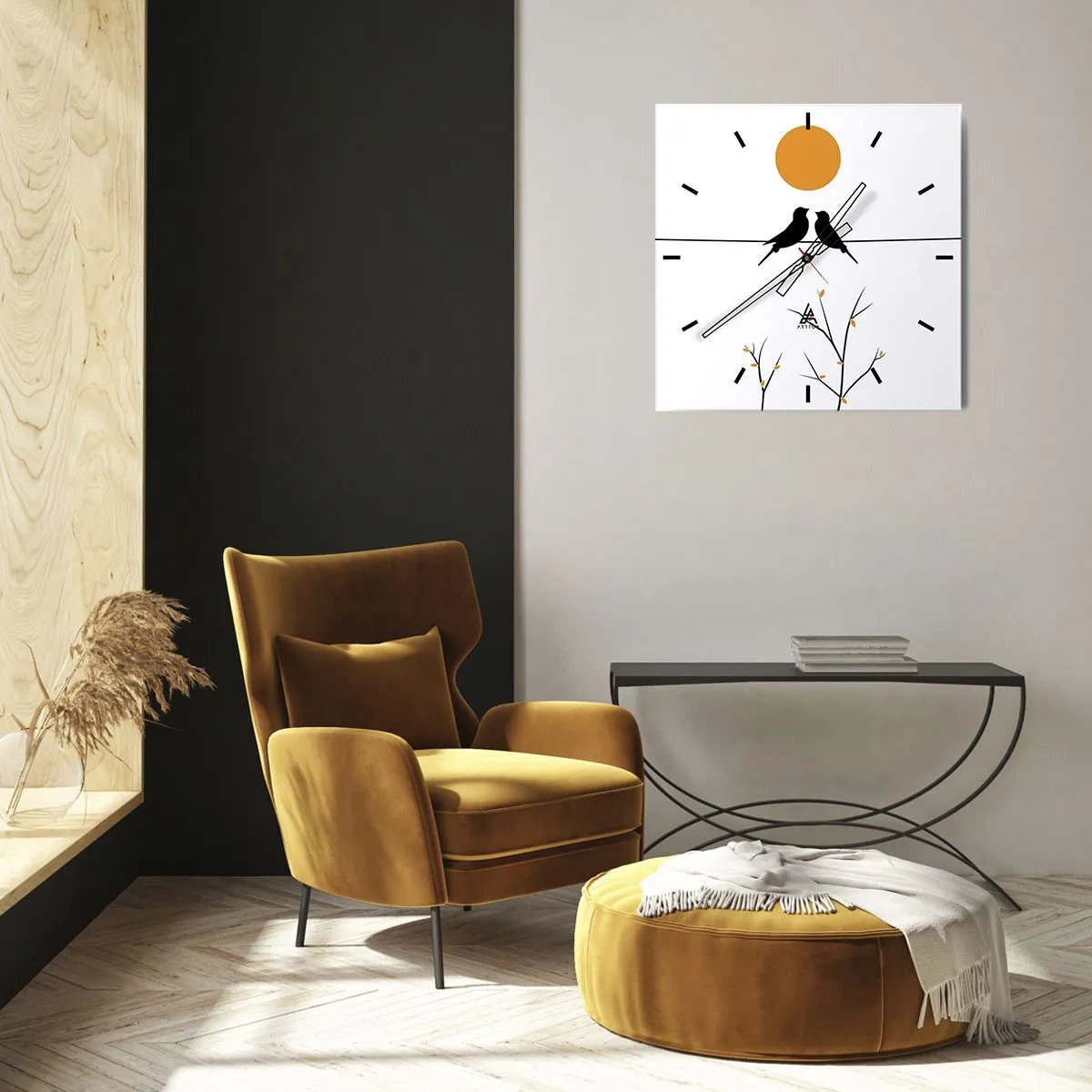Horloge murale - Pendule murale - Oiseaux sur une ligne avec un soleil jaune - 30x30cm - Soirée pour rossignols - Décoration murale moderne pour le salon et la chambre ARTTOR