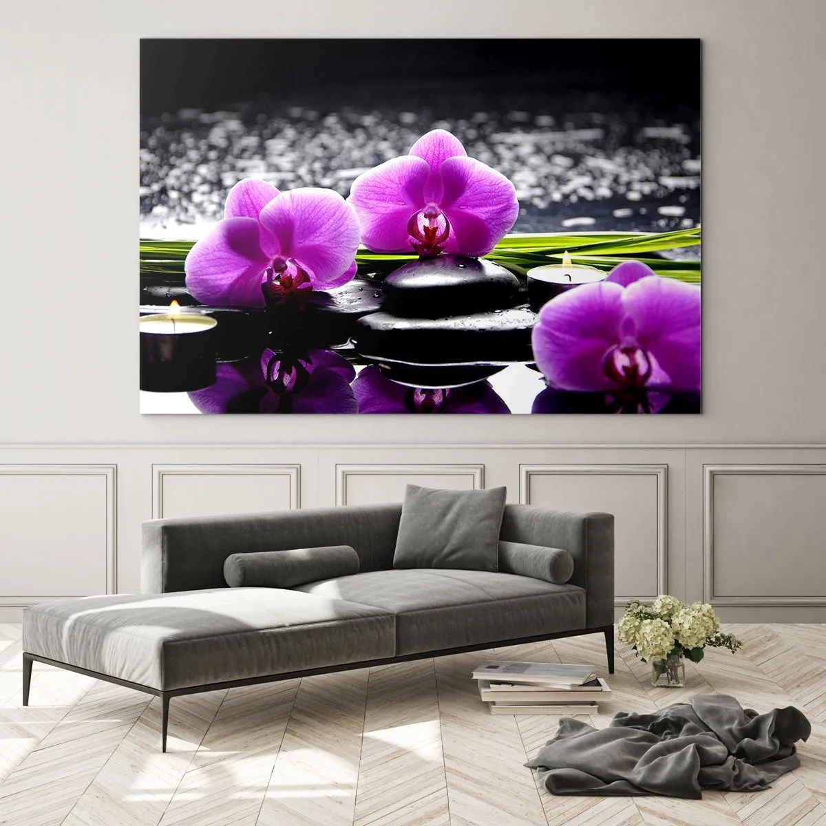 Impression sur verre - Image sur verre - Orchidées violettes avec des pierres et des bougies sur un fond d'eau - 70x50cm - Se noyer dans la paix et la tranquillité - Décoration murale moderne pour le salon et la chambre ARTTOR