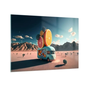 Impression sur verre - Image sur verre - Un camping-car turquoise avec des fruits sur un paysage désertique - 70x50cm - Le goût des vacances - Décoration murale moderne pour le salon et la chambre ARTTOR