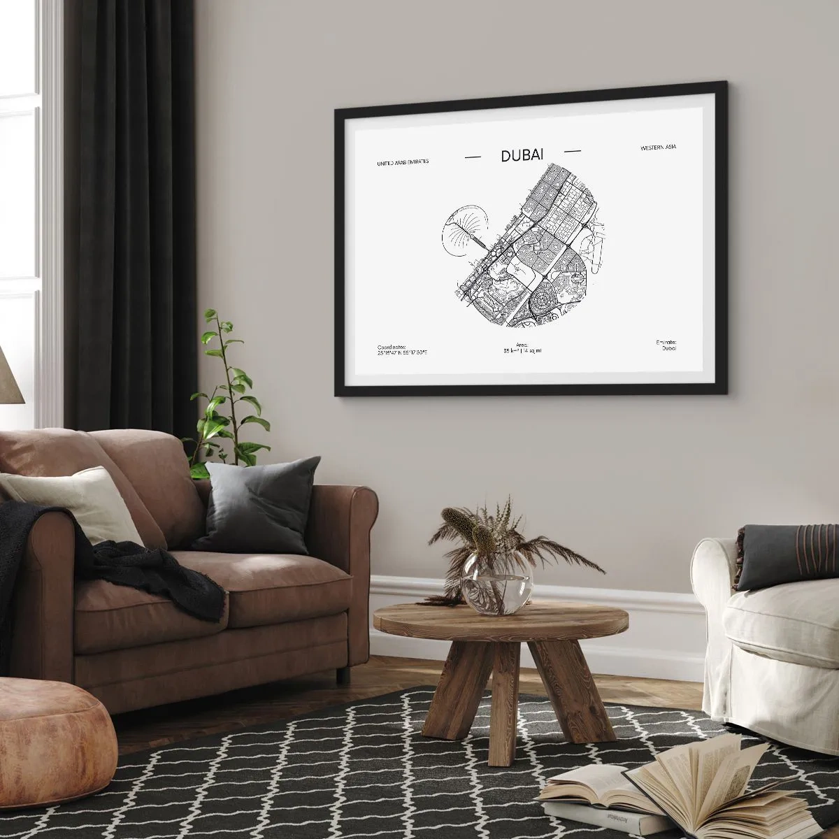 Affiche dans un cadre noir - Poster - Une carte minimaliste en noir et blanc de Dubaï avec des marquages de localisation. - 70x50cm - Anatomie de Dubaï - Décoration murale moderne pour le salon et la chambre ARTTOR