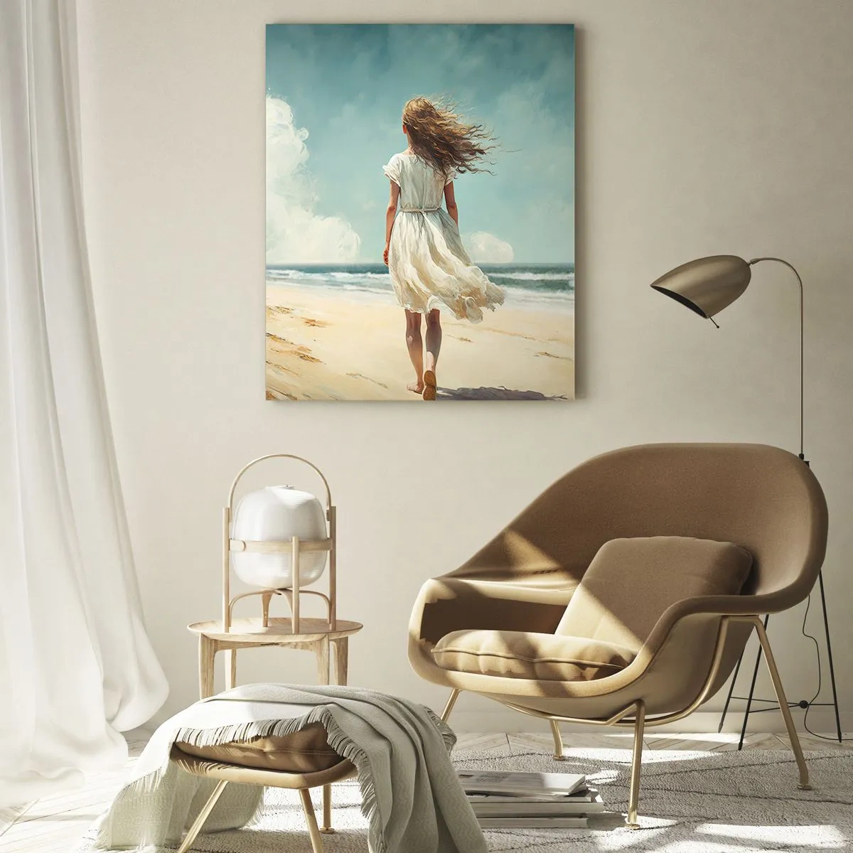 Impression sur verre - Image sur verre - Une femme en robe blanche marchant pieds nus sur une plage ensoleillée - 50x70cm - Pour rencontrer le soleil et le vent - Décoration murale moderne pour le salon et la chambre ARTTOR