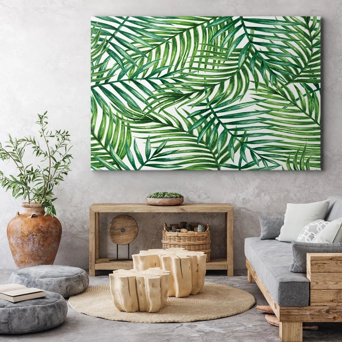 Impression sur toile - Image sur toile - Feuilles de palmier tropicales vertes sur fond clair - 70x50cm - Sous la canopée verte - Décoration murale moderne pour le salon et la chambre ARTTOR