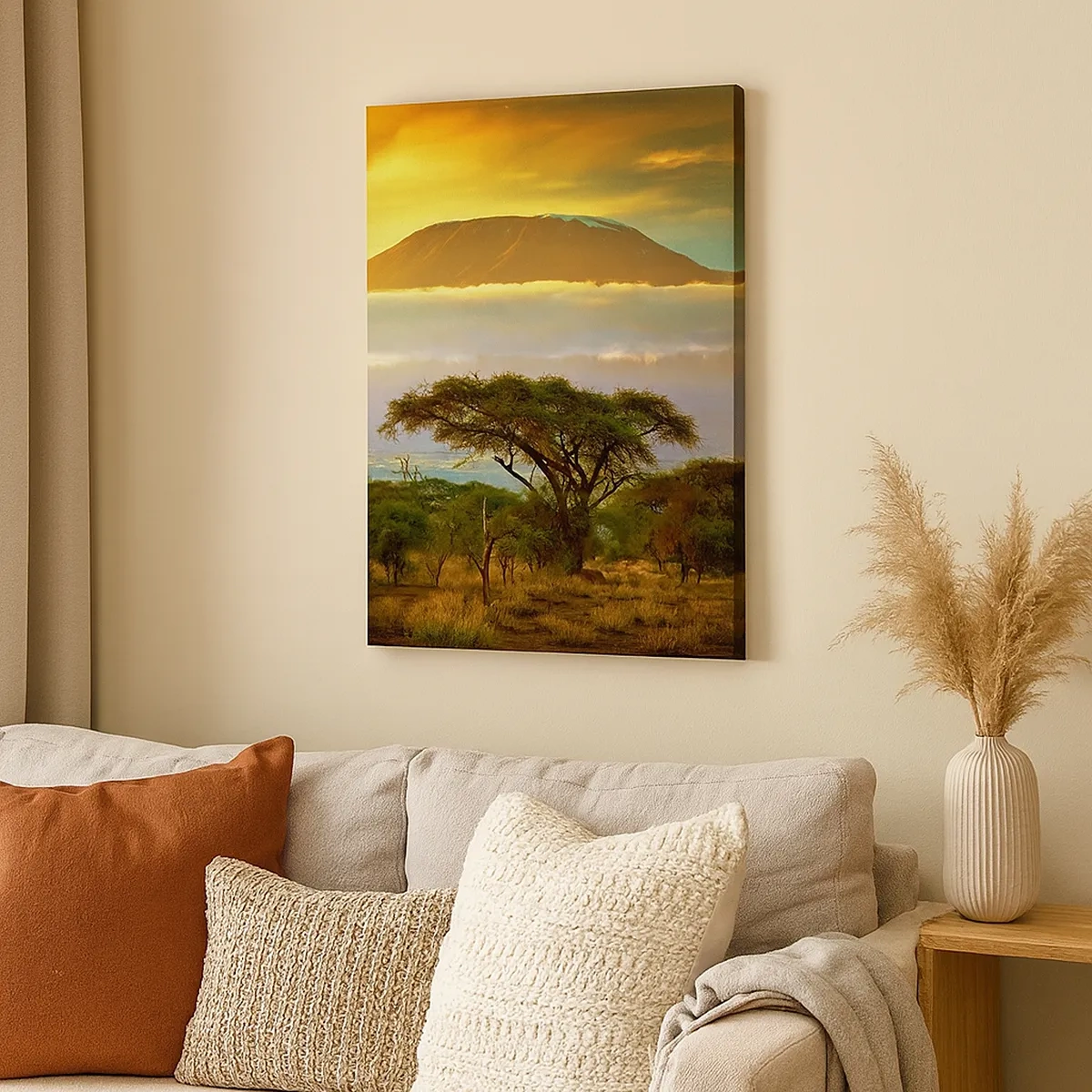 Impression sur toile - Image sur toile - Paysage africain avec le Kilimandjaro au lever du soleil - 50x70cm - Un rêve de voyageur - Décoration murale moderne pour le salon et la chambre ARTTOR
