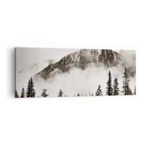 Impression sur toile - Image sur toile - Un sommet de montagne pittoresque entouré de brouillard et d'une forêt aux tons sépia - 140x50cm - Seigneur de granite - Décoration murale moderne pour le salon et la chambre ARTTOR