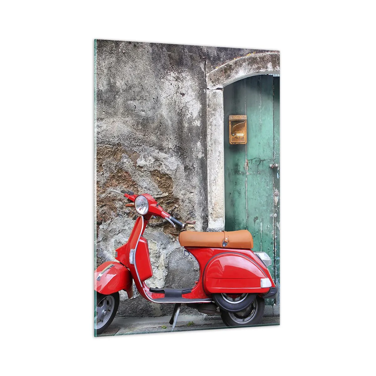 Impression sur verre - Image sur verre - Scooter rouge contre une porte verte - 50x70cm - Vacances italiennes - Décoration murale moderne pour le salon et la chambre ARTTOR