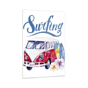 Impression sur verre - Image sur verre - Des graphismes colorés avec un thème de bus et de surf - 70x100cm - Concombre - un classique pour un surfeur - Décoration murale moderne pour le salon et la chambre ARTTOR