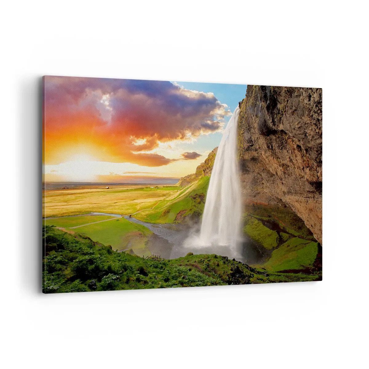 Impression sur toile - Image sur toile - Une cascade dans un paysage pittoresque au coucher du soleil - 100x70cm - La plénitude de l'été islandais - Décoration murale moderne pour le salon et la chambre ARTTOR