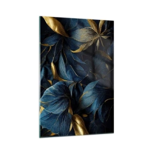 Impression sur verre - Image sur verre - Feuilles élégantes dans des tons dorés et bleu marine - 70x100cm - Des dessous dorés - Décoration murale moderne pour le salon et la chambre ARTTOR