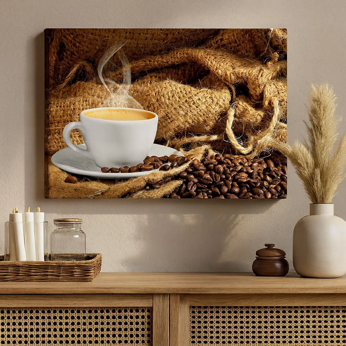 Impression sur toile - Image sur toile - Une tasse de café entourée d'un sac de grains de café - 70x50cm - L'odeur du moka et la densité du miel liquide - Décoration murale moderne pour le salon et la chambre ARTTOR