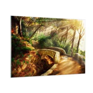 Impression sur verre - Image sur verre - Les rayons du soleil illuminent le pont et le chemin de la forêt - 100x70cm - Directement du pont dans une forêt de conte de fées - Décoration murale moderne pour le salon et la chambre ARTTOR