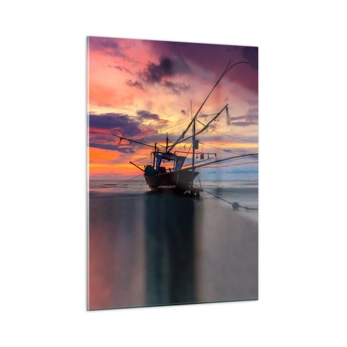 Impression sur verre - Image sur verre - Bateaux de pêche en mer au coucher du soleil - 50x70cm - Soirée exotique - Décoration murale moderne pour le salon et la chambre ARTTOR