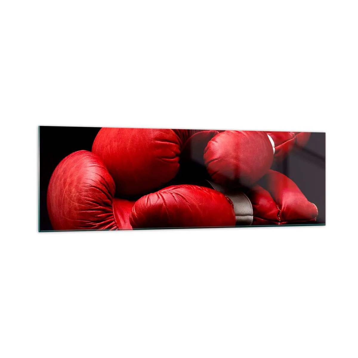 Impression sur verre - Image sur verre - Gants de boxe rouges sur fond noir - 160x50cm - Les émotions du combat sont derrière nous - Décoration murale moderne pour le salon et la chambre ARTTOR