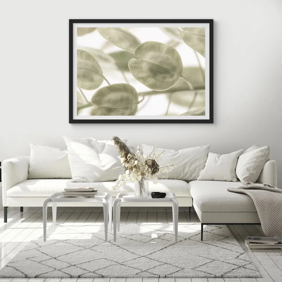 Affiche dans un cadre noir - Poster - Une peinture délicate de feuilles dans des tons pastel de vert sur un fond clair. - 70x50cm - Au commencement il y avait des feuilles... - Décoration murale moderne pour le salon et la chambre ARTTOR