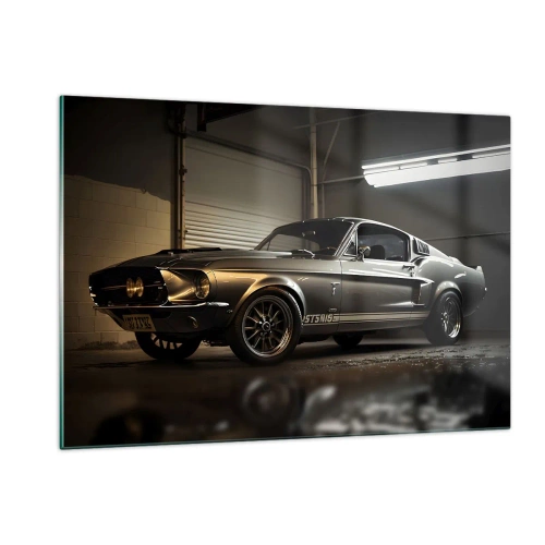 Impression sur verre - Image sur verre - Voiture classique dans un garage sous un éclairage industriel - 120x80cm - Retour dans le passé - Décoration murale moderne pour le salon et la chambre ARTTOR
