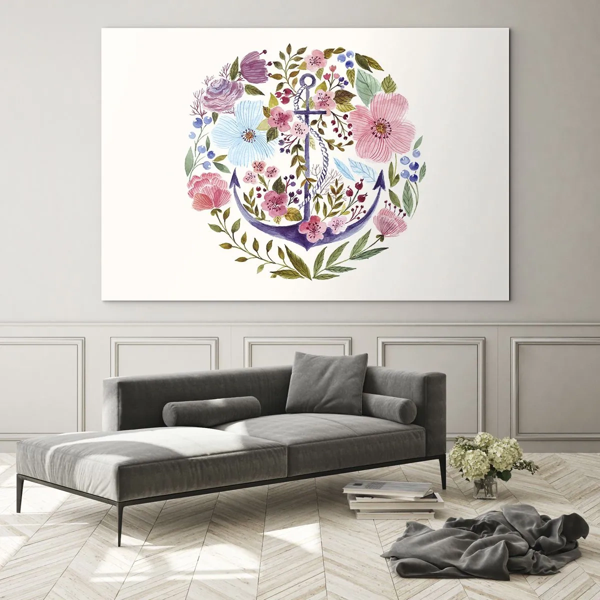 Impression sur verre - Image sur verre - Une ancre entourée de fleurs aquarelles colorées - 70x50cm - Le beau rêve du marin - Décoration murale moderne pour le salon et la chambre ARTTOR