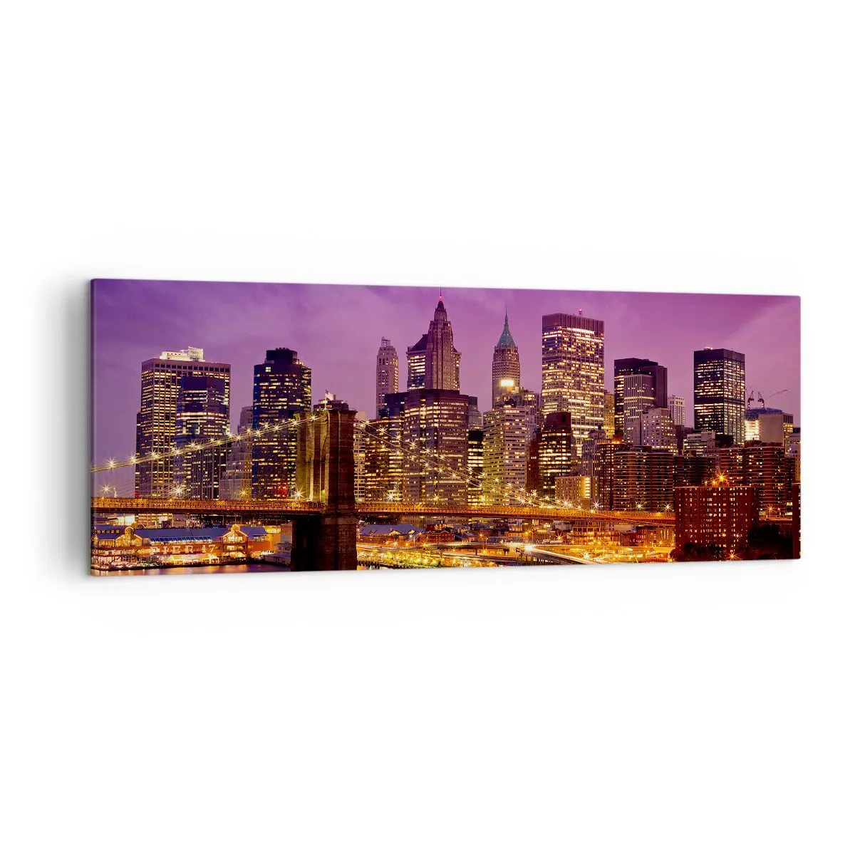 Impression sur toile - Image sur toile - Panorama de la ville avec le pont dans la lumière du soir contre le ciel violet - 140x50cm - Manhathann or violet - Décoration murale moderne pour le salon et la chambre ARTTOR