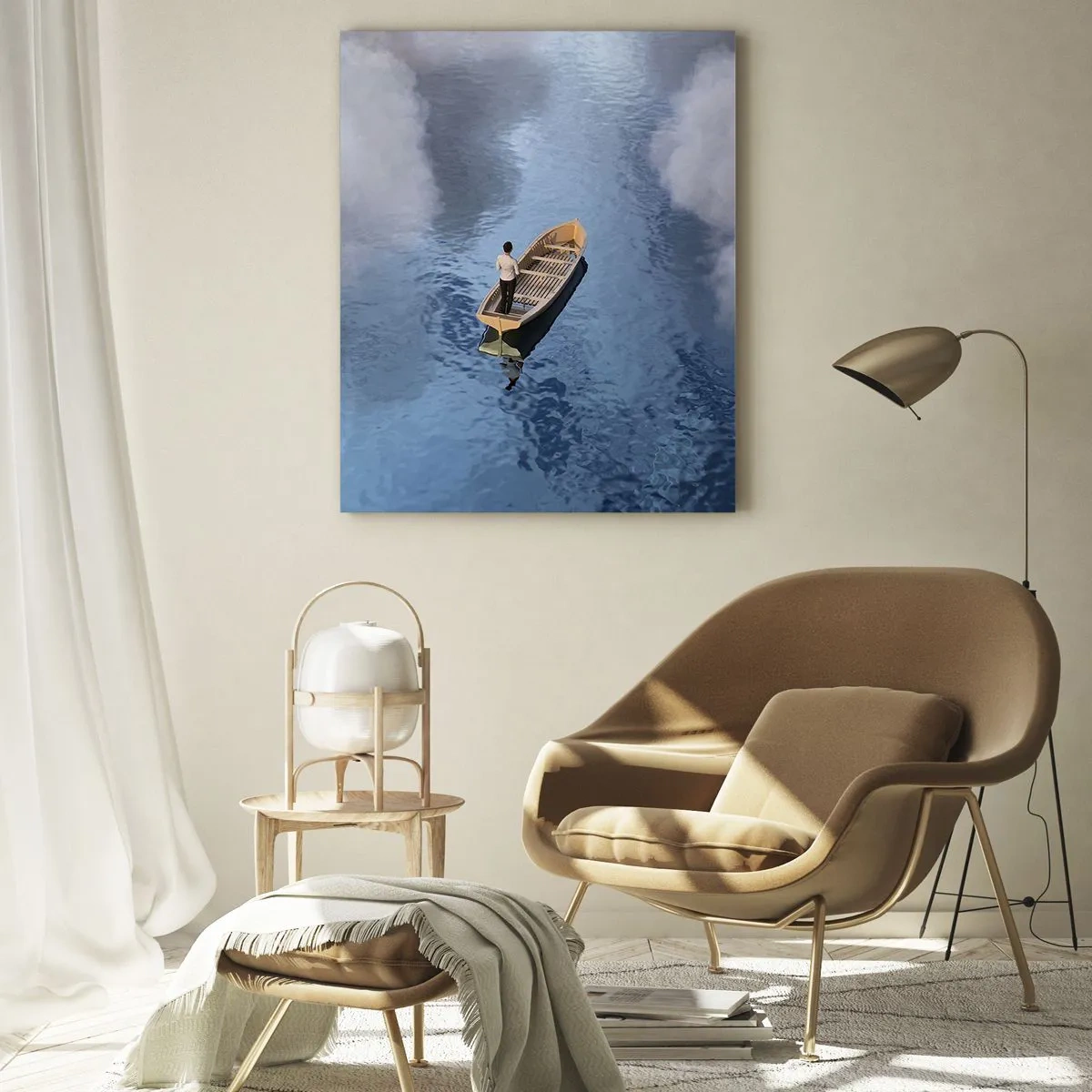 Impression sur verre - Image sur verre - Un homme dans un bateau naviguant sur l'eau parmi les nuages - 50x70cm - Vie – voyage – inconnu - Décoration murale moderne pour le salon et la chambre ARTTOR