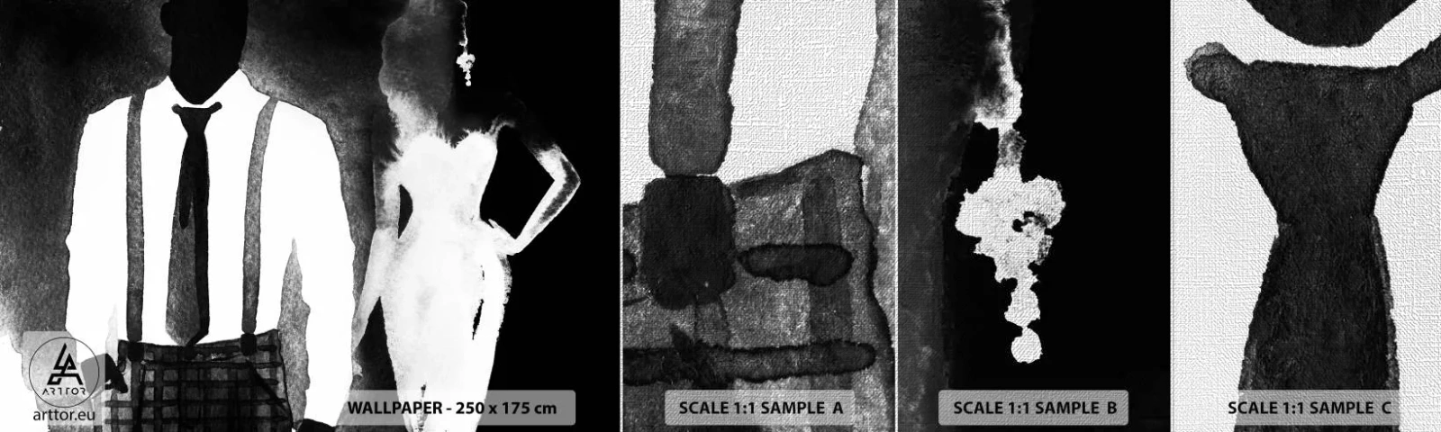 Échantillon de Papier Peint Premium Canvas - Ambiance noire - Abstraction, Femme et Homme, Mode - 100x30 cm