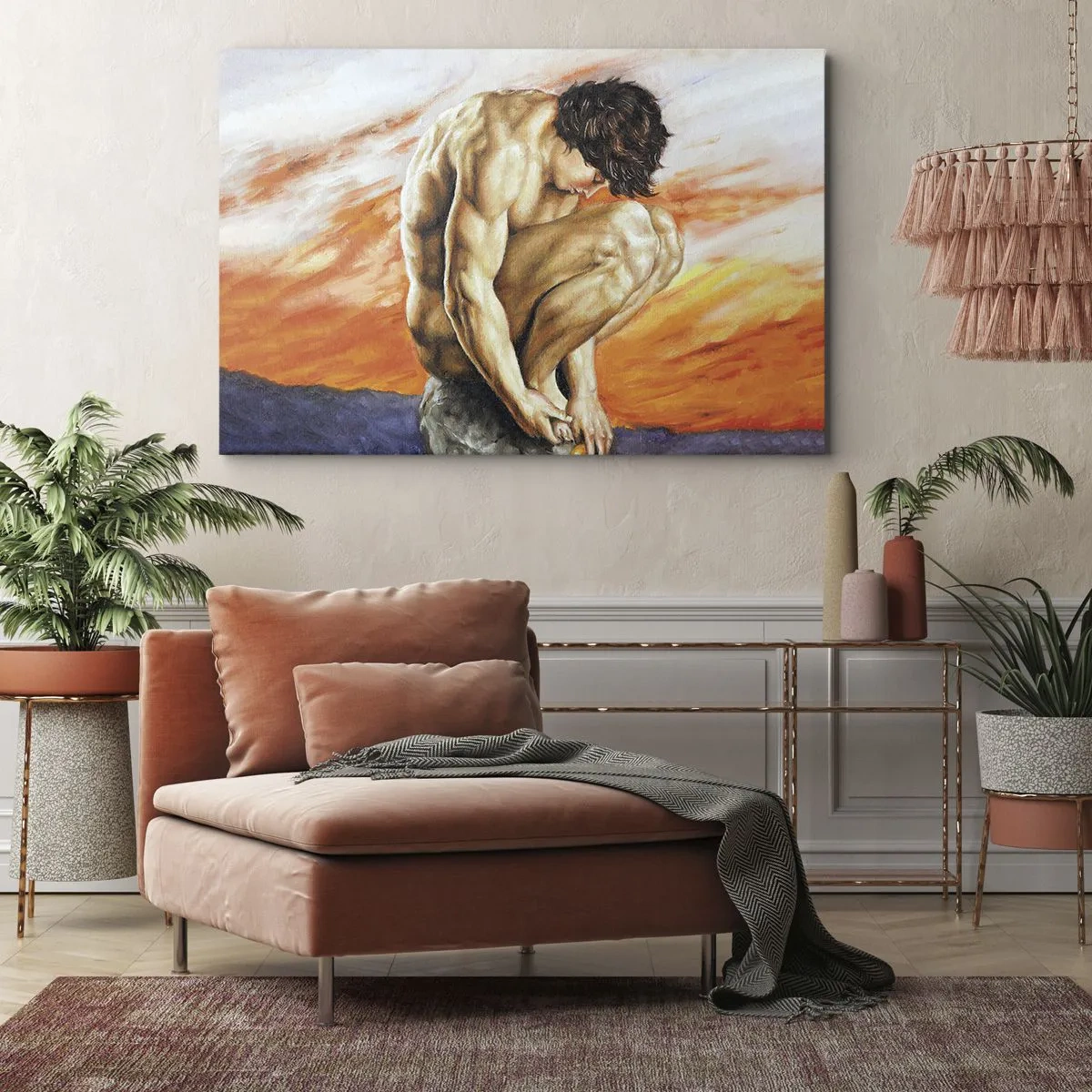 Impression sur toile - Image sur toile - Un homme perdu dans ses pensées sur fond de coucher de soleil - 100x70cm - Plongé dans ses pensées - Décoration murale moderne pour le salon et la chambre ARTTOR