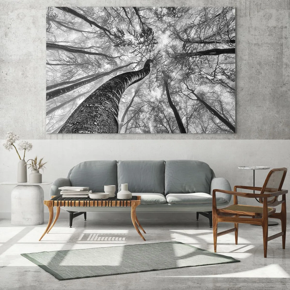 Impression sur verre - Image sur verre - Arbres en noir et blanc photographiés d'en bas vers le ciel - 70x50cm - Course vers la lumière - Décoration murale moderne pour le salon et la chambre ARTTOR