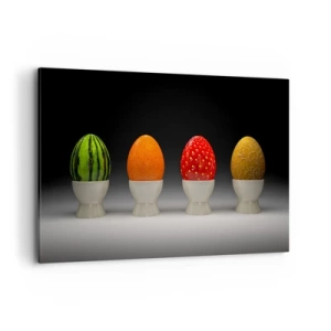 Impression sur toile - Image sur toile - Œufs colorés ressemblant à des fruits sur un fond sombre - 120x80cm - Petit-déjeuner fruité - Décoration murale moderne pour le salon et la chambre ARTTOR