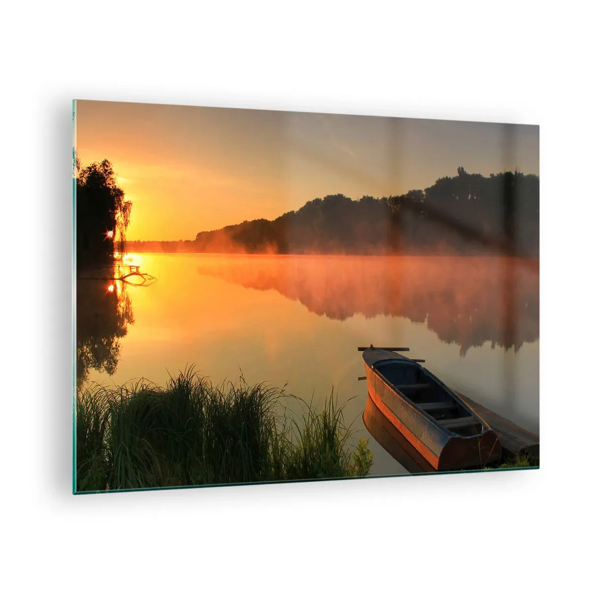 Impression sur verre - Image sur verre - Lever de soleil sur un lac calme avec un bateau sur le rivage - 70x50cm - Lever du soleil sur l'eau comme un miroir - Décoration murale moderne pour le salon et la chambre ARTTOR