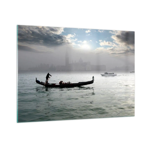Impression sur verre - Image sur verre - Gondole sur les eaux de Venise par un matin brumeux - 100x70cm - Une ville fabuleuse faite d'eau et de brouillard - Décoration murale moderne pour le salon et la chambre ARTTOR