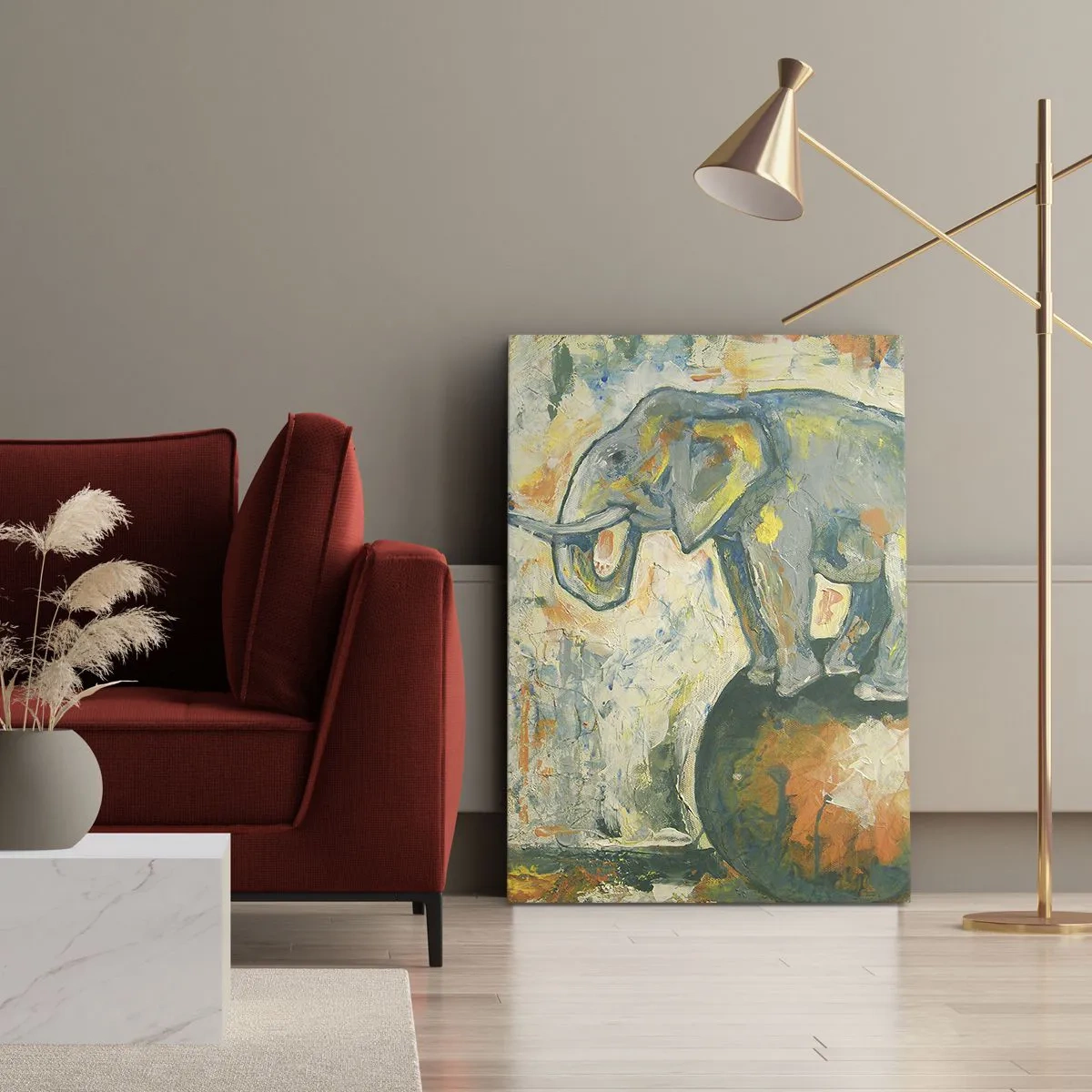 Impression sur toile - Image sur toile - Un éléphant en équilibre sur une balle dans un style artistique - 70x100cm - Que vive le cirque ! - Décoration murale moderne pour le salon et la chambre ARTTOR