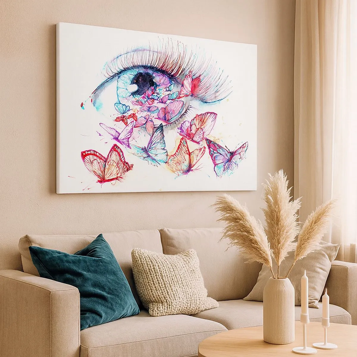 Impression sur toile - Image sur toile - Un œil aquarelle entouré de papillons colorés - 70x50cm - Charme des yeux de conte de fées - Décoration murale moderne pour le salon et la chambre ARTTOR