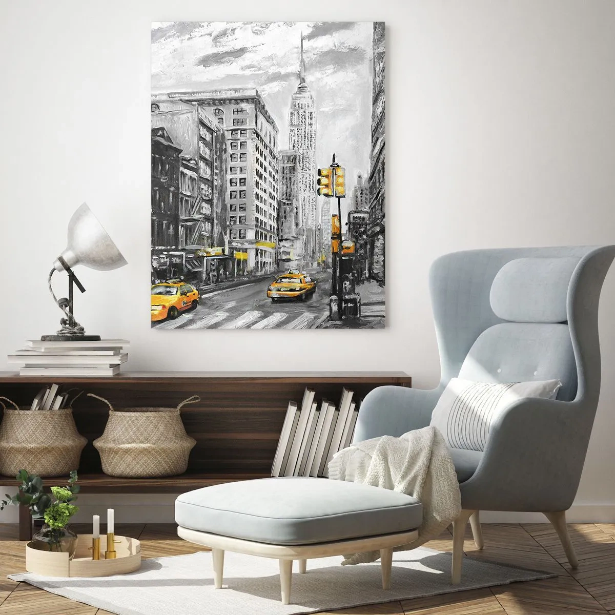 Impression sur verre - Image sur verre - Une illustration de la ville de New York dans des tons de noir et blanc avec des accents jaunes. - 50x70cm - Une histoire new-yorkaise - Décoration murale moderne pour le salon et la chambre ARTTOR
