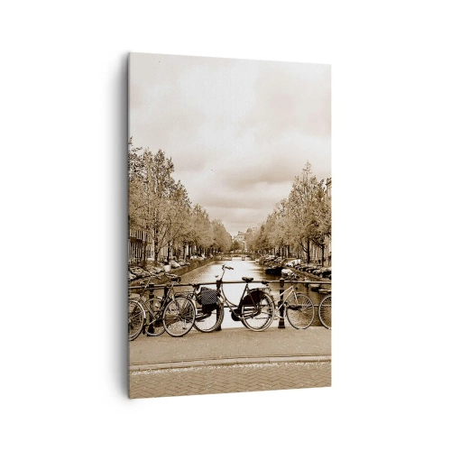 Impression sur toile - Image sur toile - Pont cyclable sur le canal en sépia - 80x120cm - Ambiance hollandaise - Décoration murale moderne pour le salon et la chambre ARTTOR
